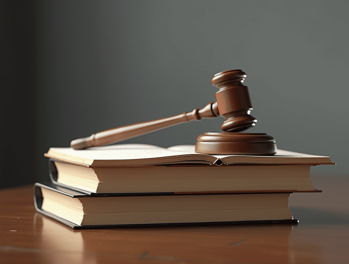 an ultra realistic close up of a stack of thick legal books with an open book on top and a wooden j 2xz84nfqcsmfss6b9zso 20