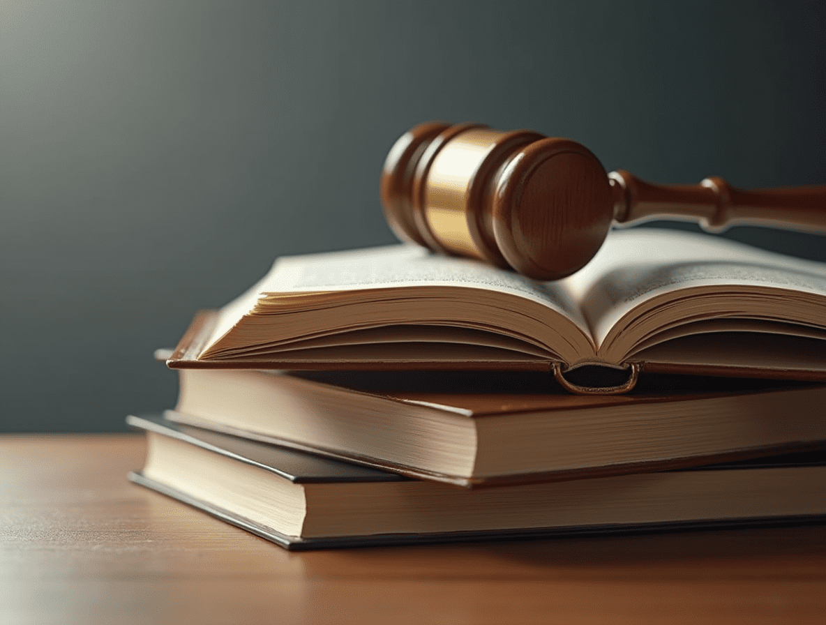 an ultra realistic close up of a stack of thick legal books with an open book on top and a wooden j ce5rnohgcauvr9bj2l10 21